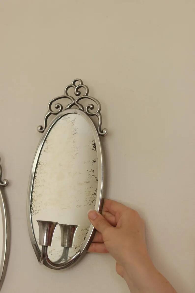 Pair of Swedish Tin Wall Sconces, Mid-Century Style with Mirror by Svenskt - Tenn