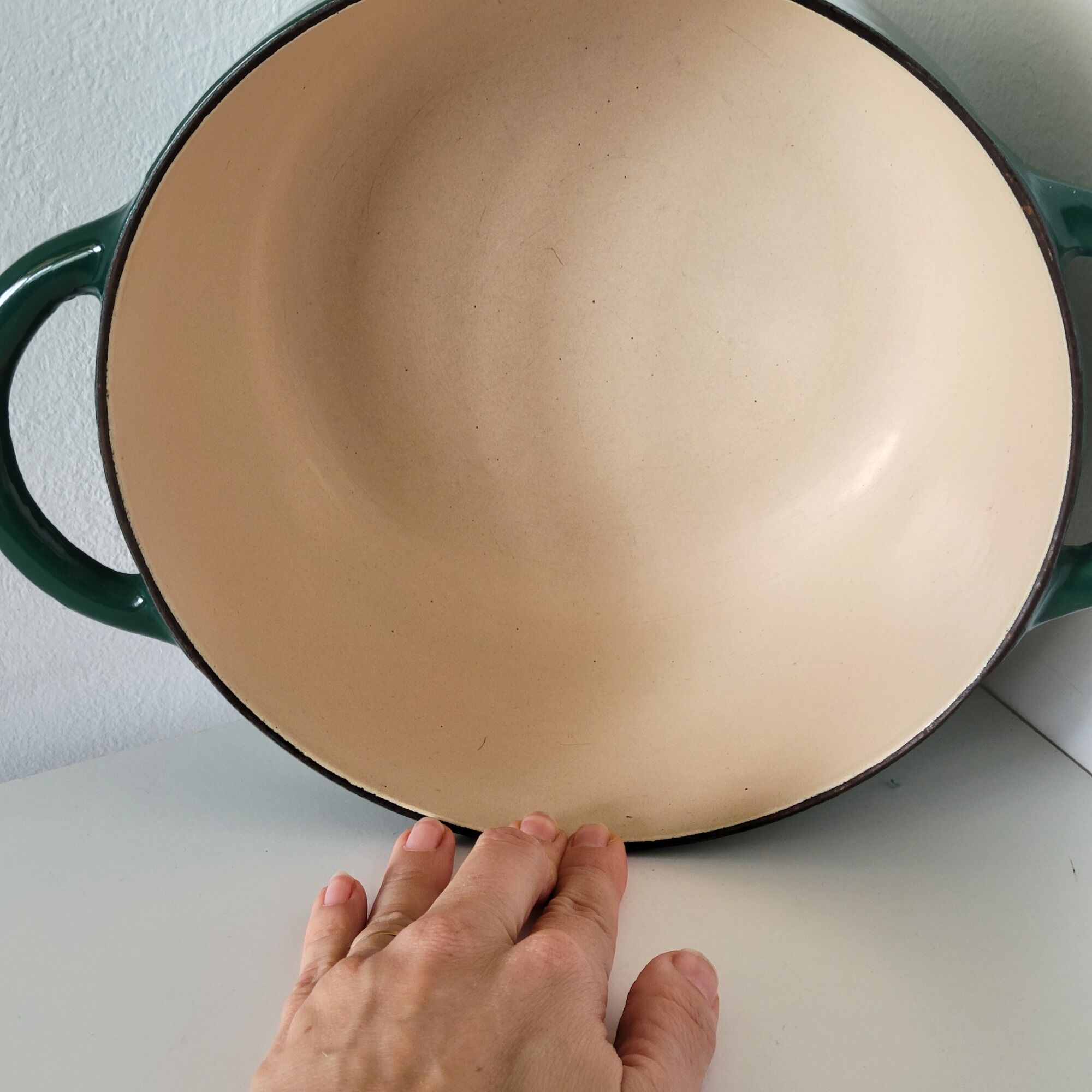 Round green enamelled cast iron casserole Nomar Staub vintage
