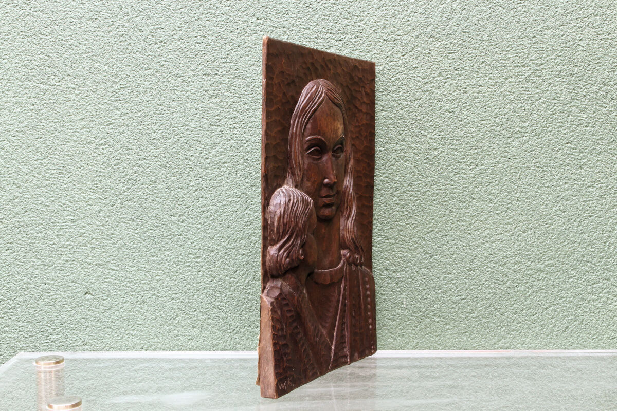 Modernist bas-relief, Virgin and Child, carved wood, signed