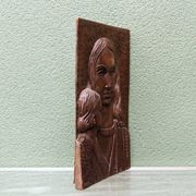 Bas relief moderniste, vierge à l'enfant, bois sculpté, signé