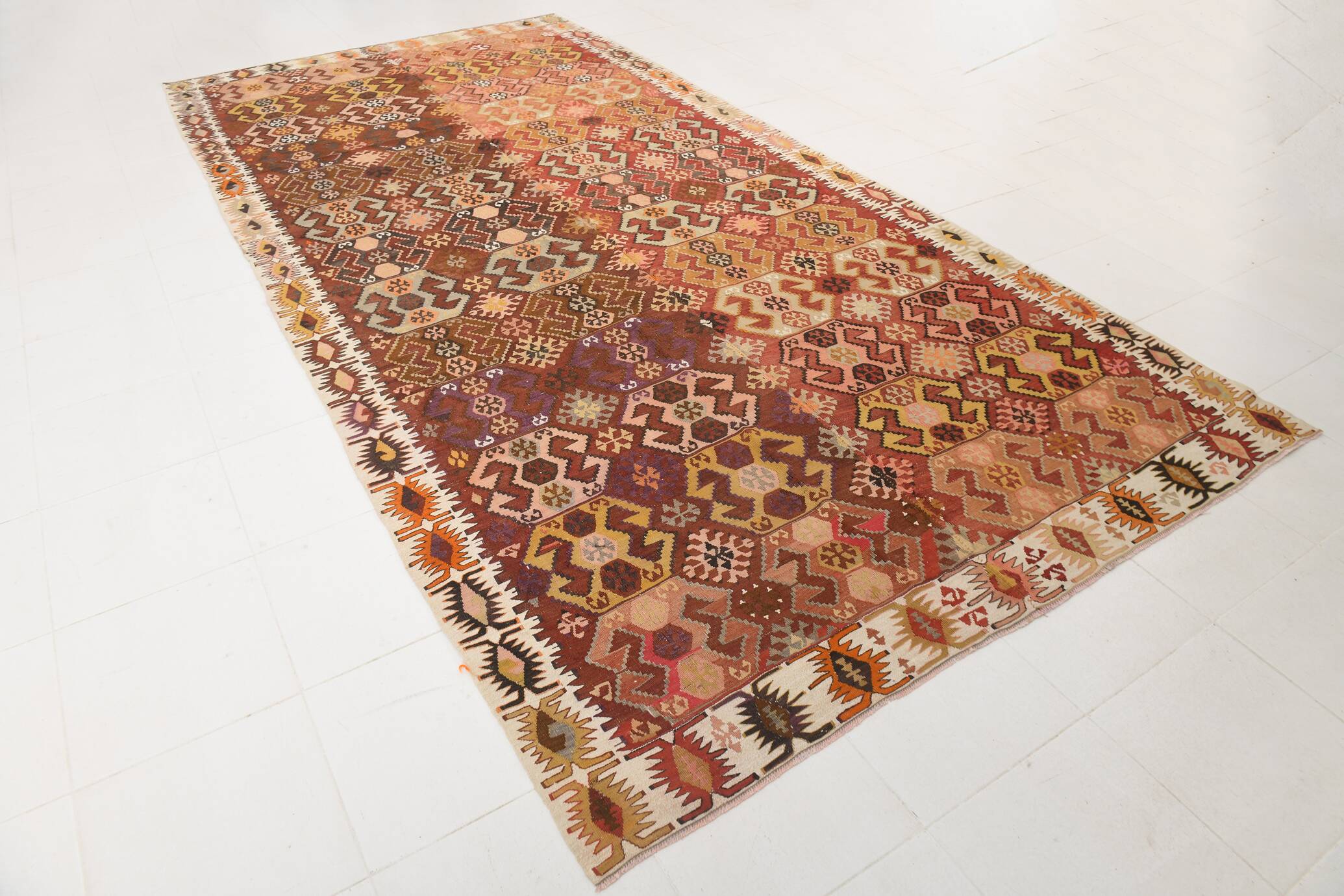 Tapis Kilim couleur terre cuite 212x438Cm, tapis en laine tissé à la main, tapis Oushak