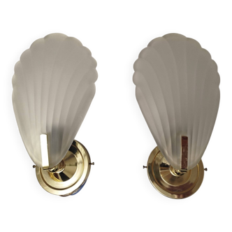 Pair of wall sconces shell lamps Art Deco frosted glass