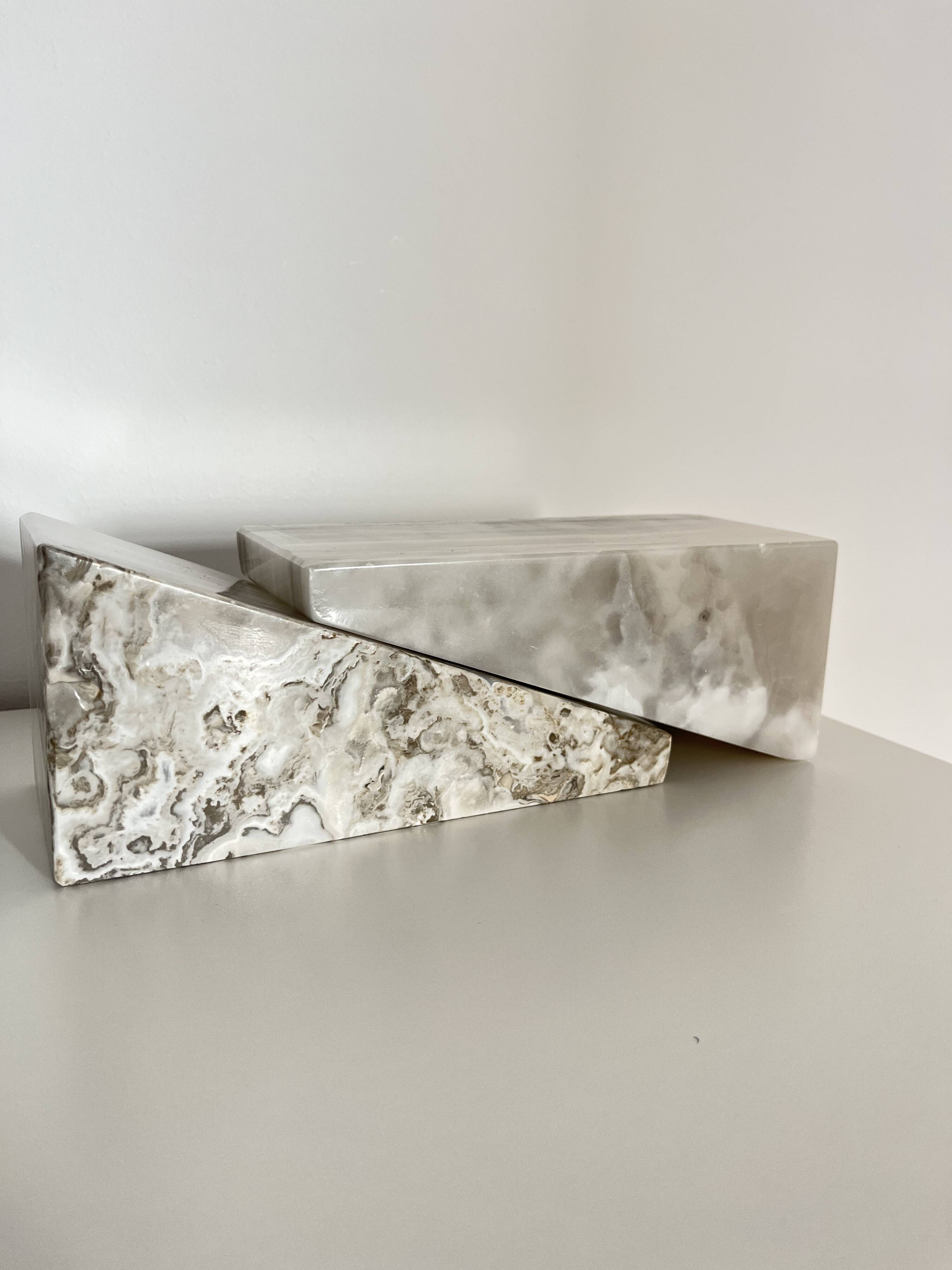 Serre-livres vintage en onyx gris turc, porte-livres en pierre des années 1980