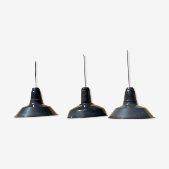 Three industrial suspensions in black and white enamelled sheet metal large format