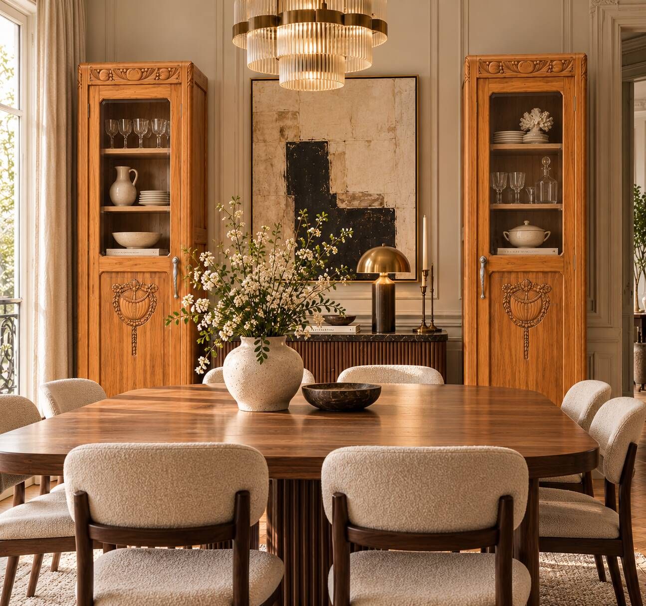 Rare pair of Art Deco glass columns in solid walnut – renovated