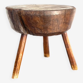 Large brutalist solid wood round tripod side table