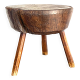 Large brutalist solid wood round tripod side table