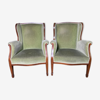 Paire de fauteuils anglais velours vert