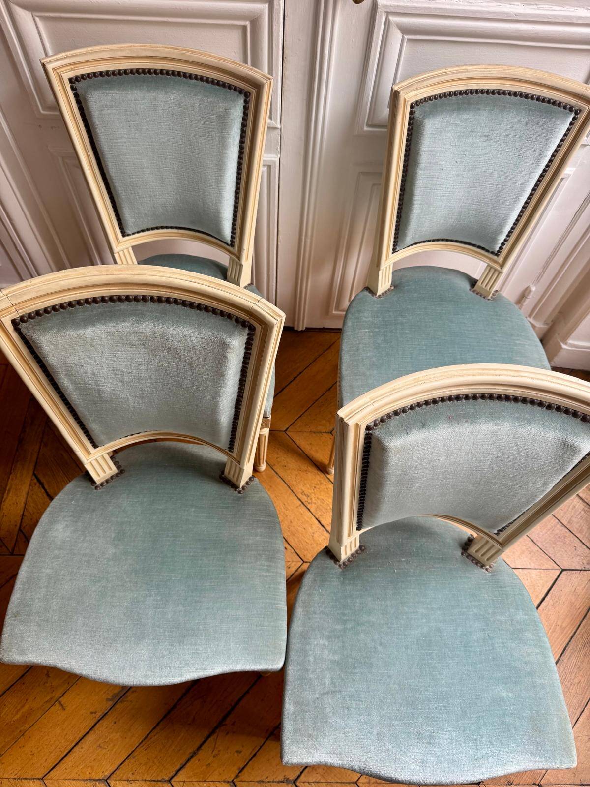 4 louis xvi chairs in blue velvet and lacquered wood