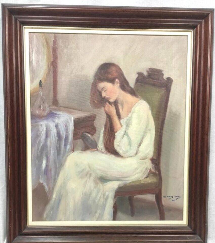 Jeune fille se peignant les cheveux 1984 signé, Portrait