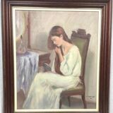 Jeune fille se peignant les cheveux 1984 signé, Portrait