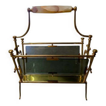 Exceptional magazine rack in brass, smoked glass and Onyx handle.