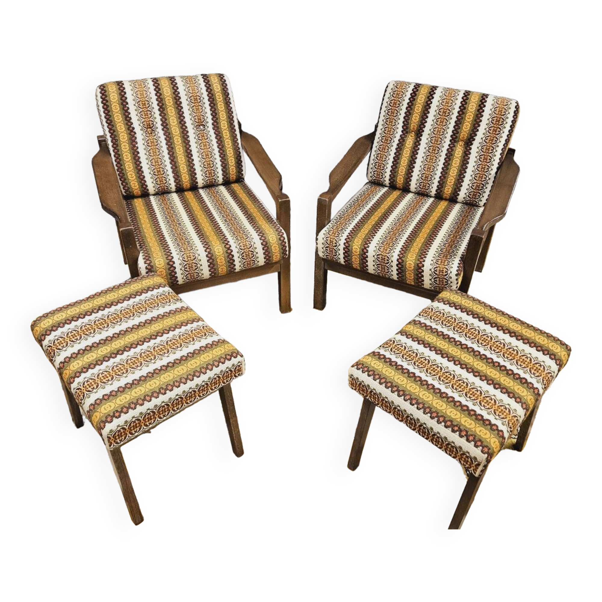 Pair of vintage Scandinavian armchairs with 2 Ottoman stools 1970