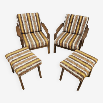 Paire de fauteuils scandinave vintage avec 2 tabourets Ottoman 1970