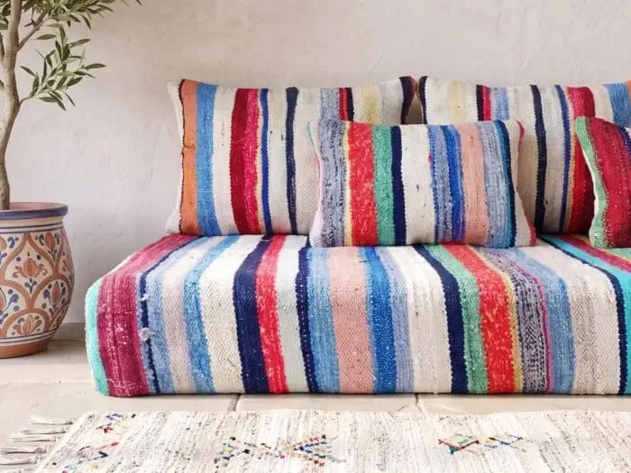 Multicoloured bohemian floor cushion – Handwoven striped recycled cotton