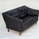 1970s, Danish 2-seater sofa, original black furniture leather, teak wood.