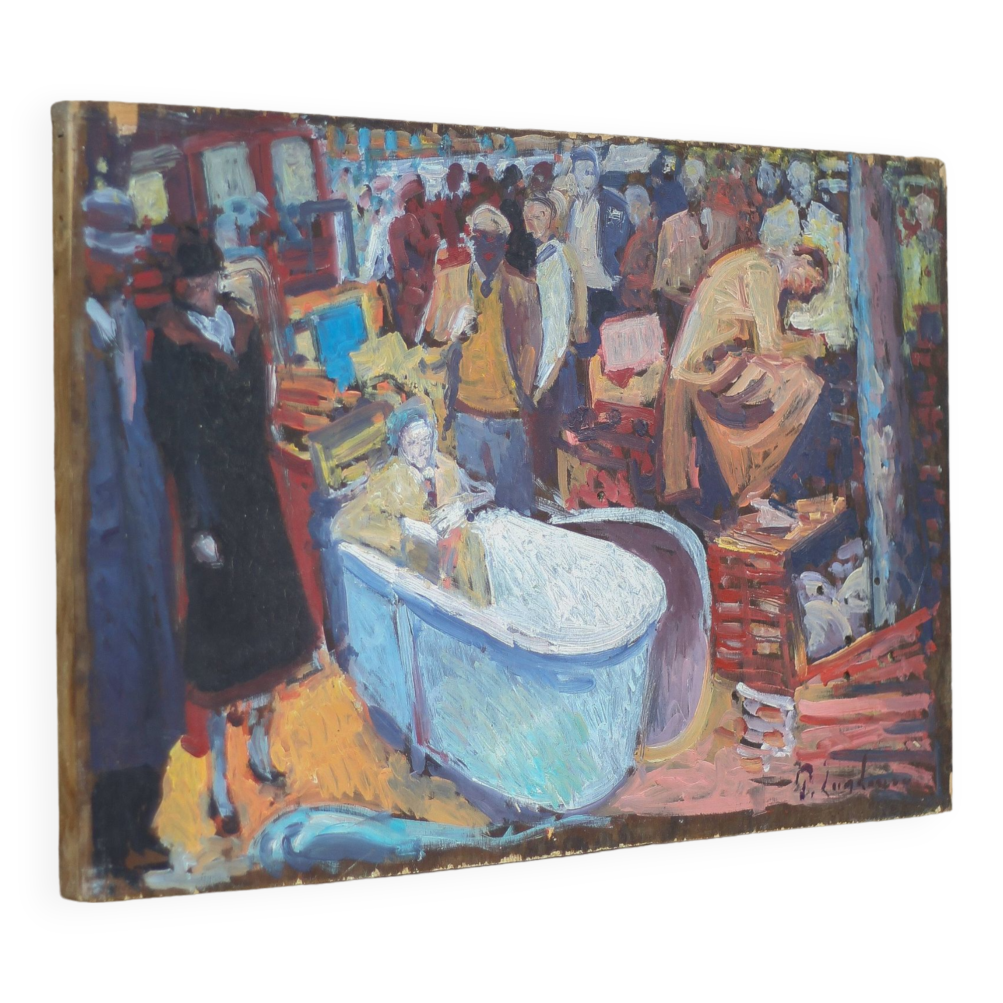 Painting signed Patrice Landauer, vintage painting, painting on wood panel