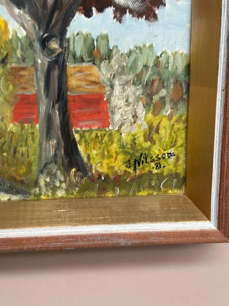 Original Swedish Oil on Canvas - "Autumn Tree" by J. Nilsson - Vintage and Framed - 49 × 38 cm