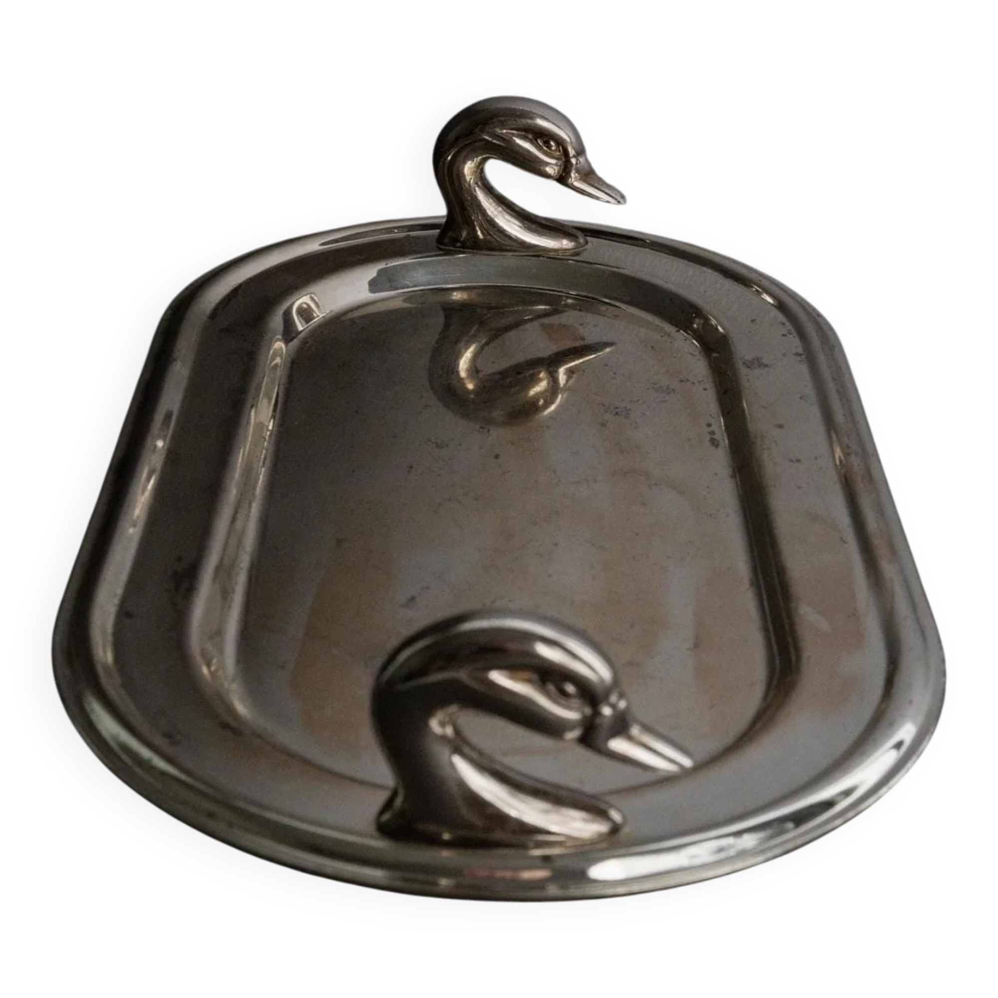 1960s vintage silver-plated oval tray with swan head handles.