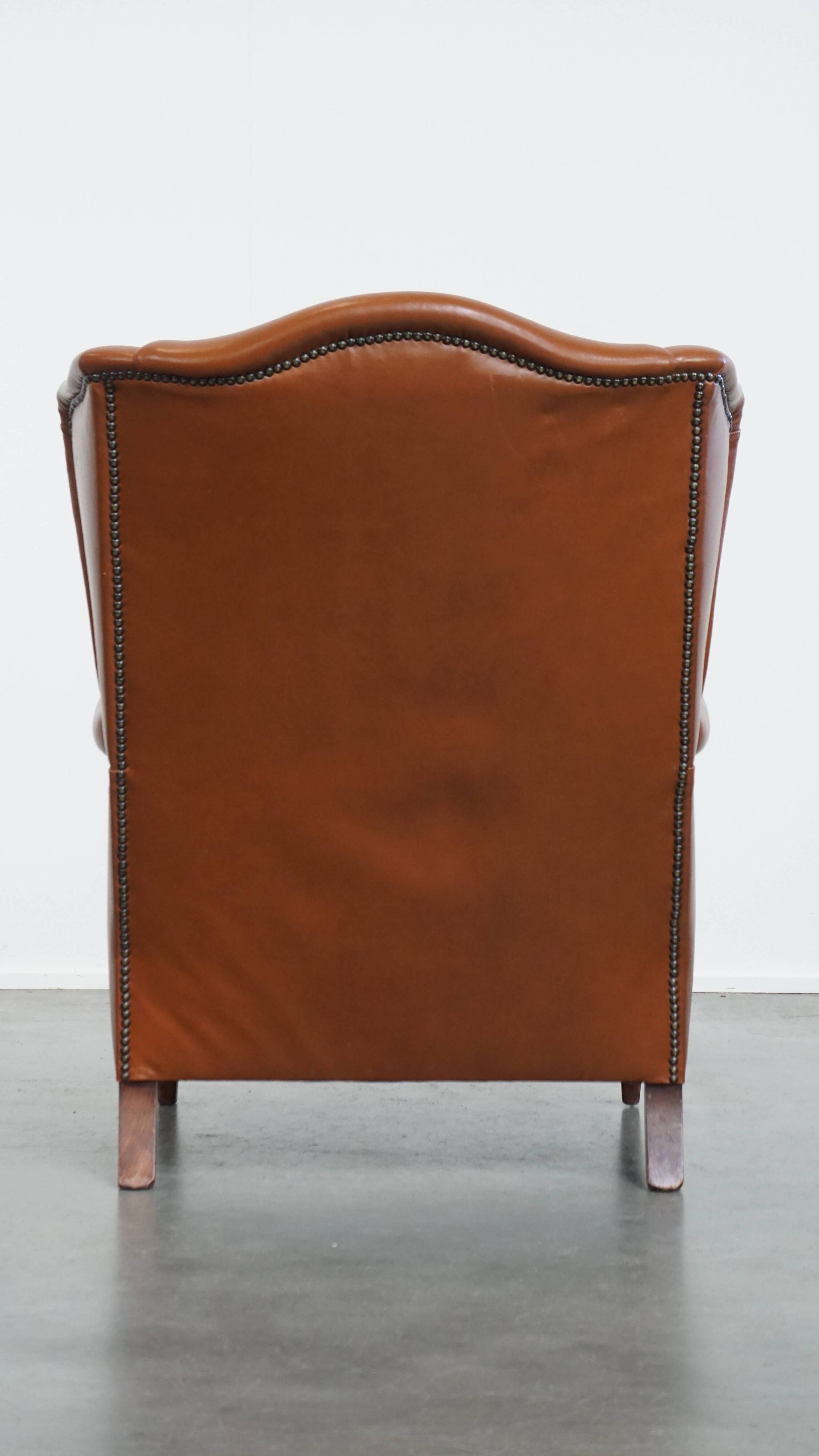 Cognac-Colored Cowhide Leather Wingback Chair in English Style
