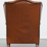 Cognac-Colored Cowhide Leather Wingback Chair in English Style