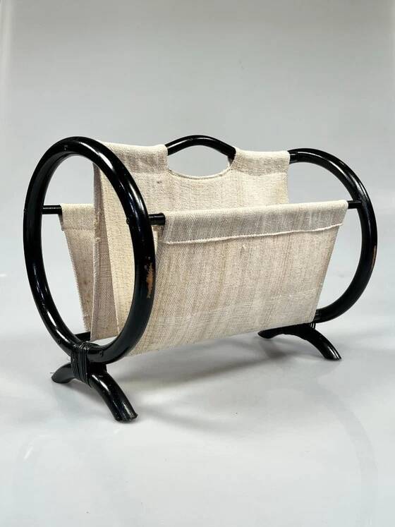 Vintage Round Magazine Rack / Reading Basket, Black Rattan, 1970's