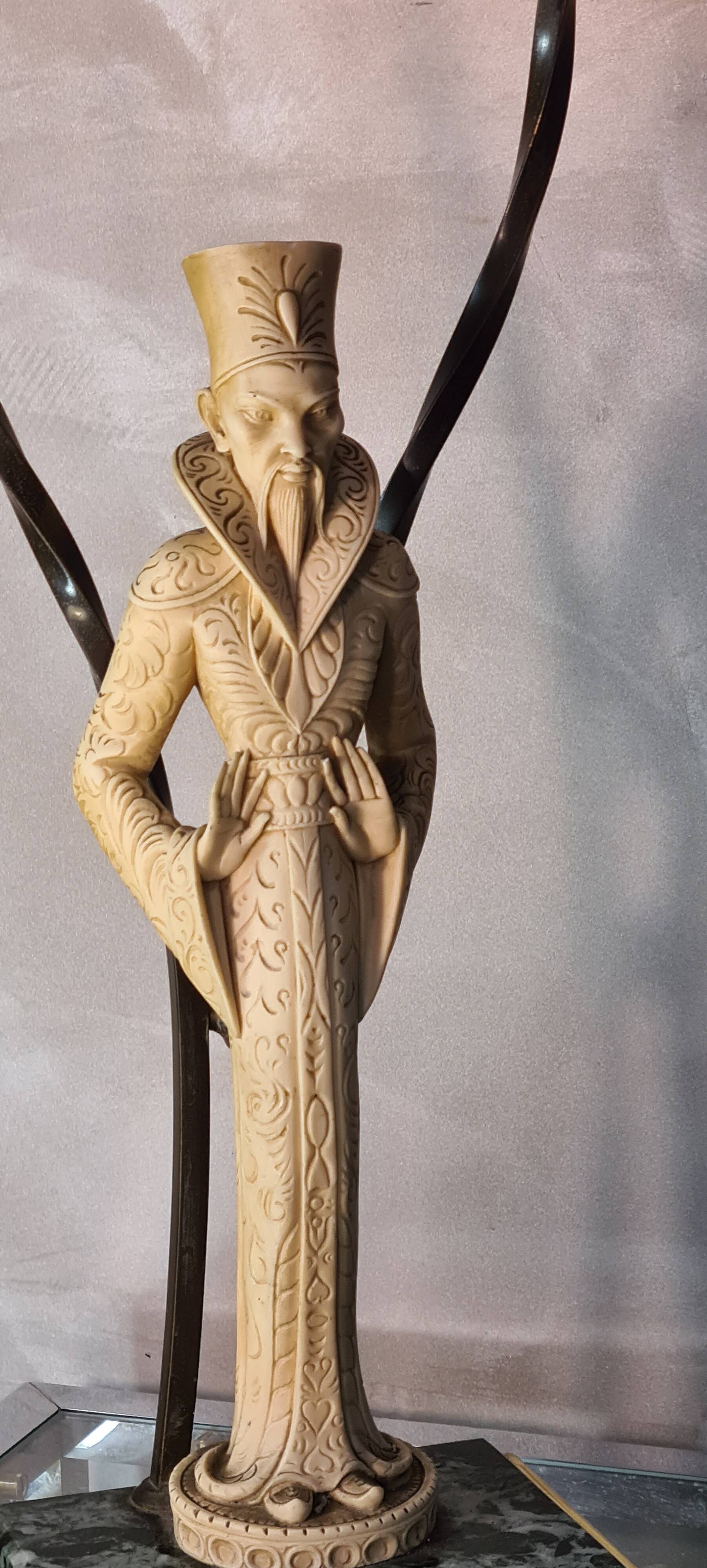 Lamp ivory resin figurines magician 1950 a 70 a. santini made in italy 63x26 marble base