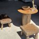 Small stool, square solid teak side table with a curved seat.