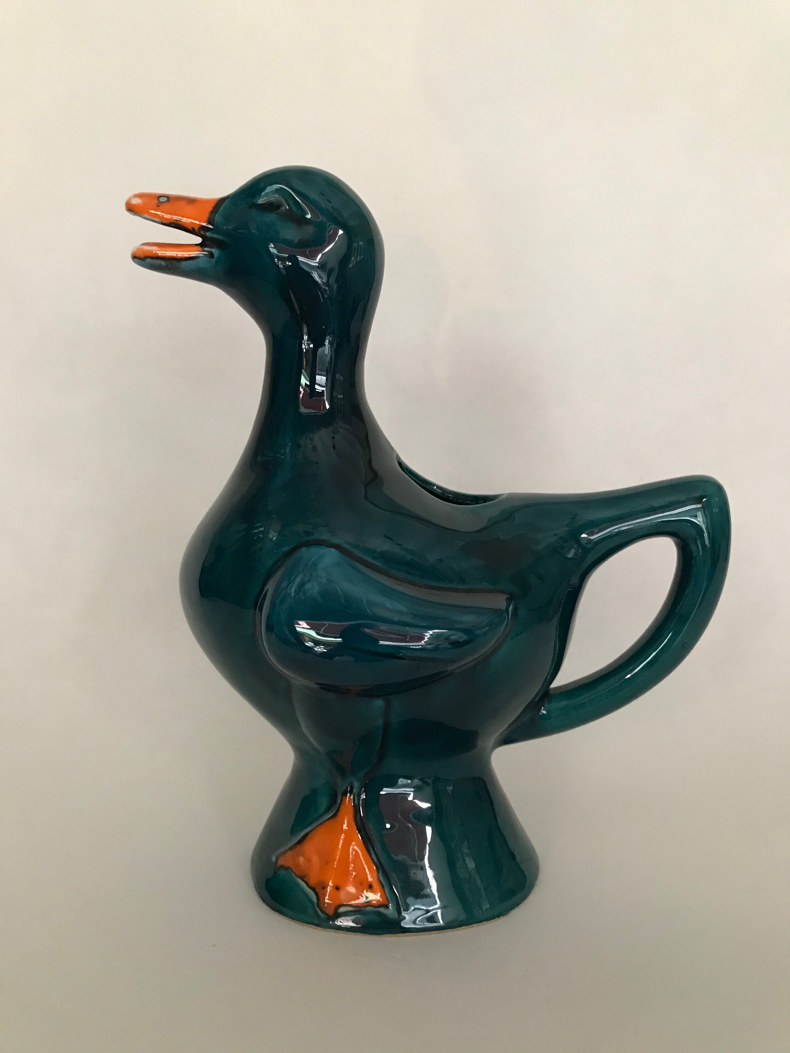 Blue duck pitcher in earthenware, Poet Laval circa 1960