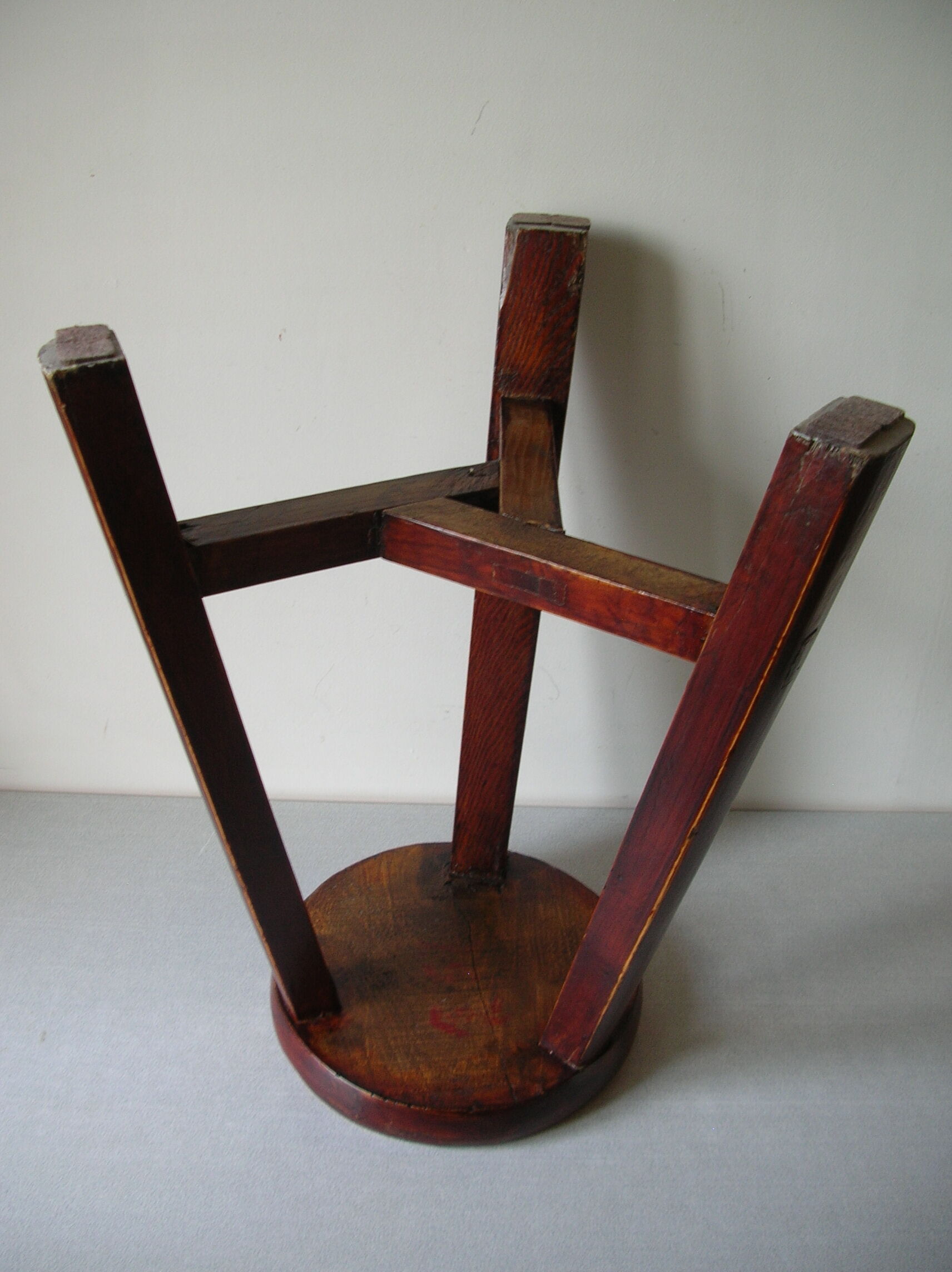 Old stool 3 feet Asian Chinese tripod wooden painted marking Japanese decoration