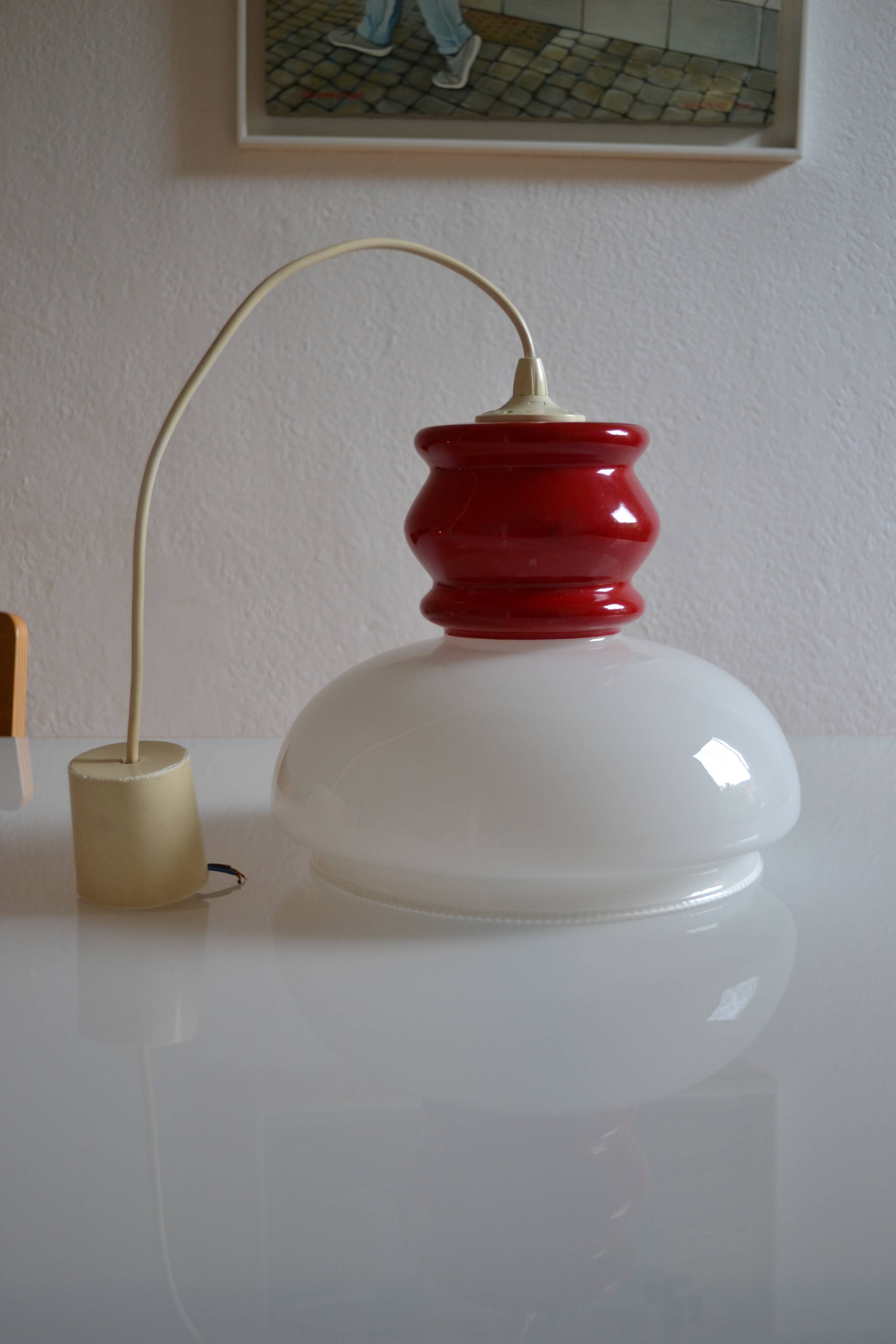 White and red opaline glass chandelier vintage 1970 space age