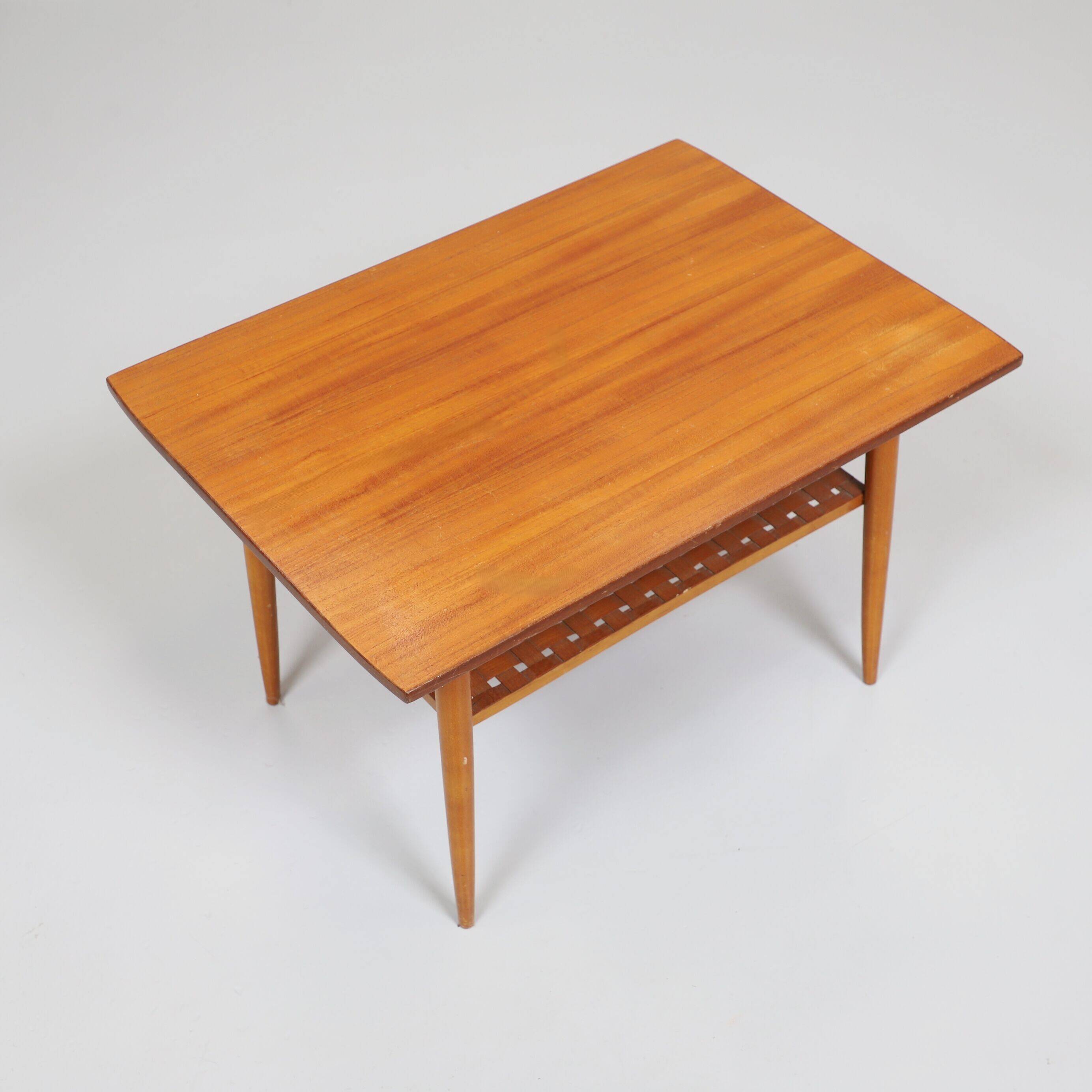 Vintage Scandinavian teak coffee table with woven shelf - 1960s