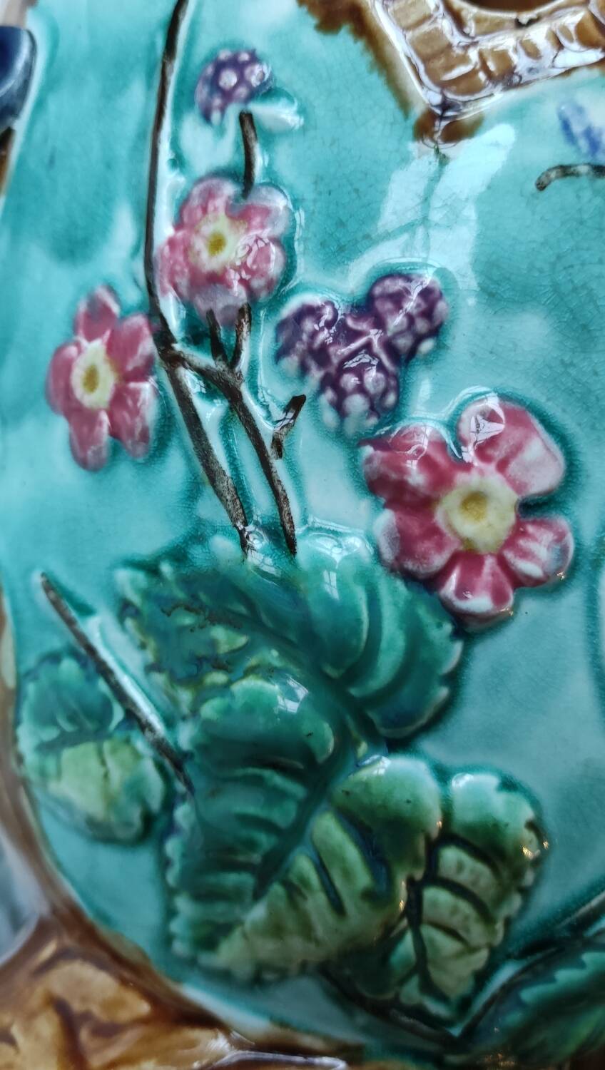 Old Cache Pot Barbotine Decor Warbler Bird Flowers Onnaing