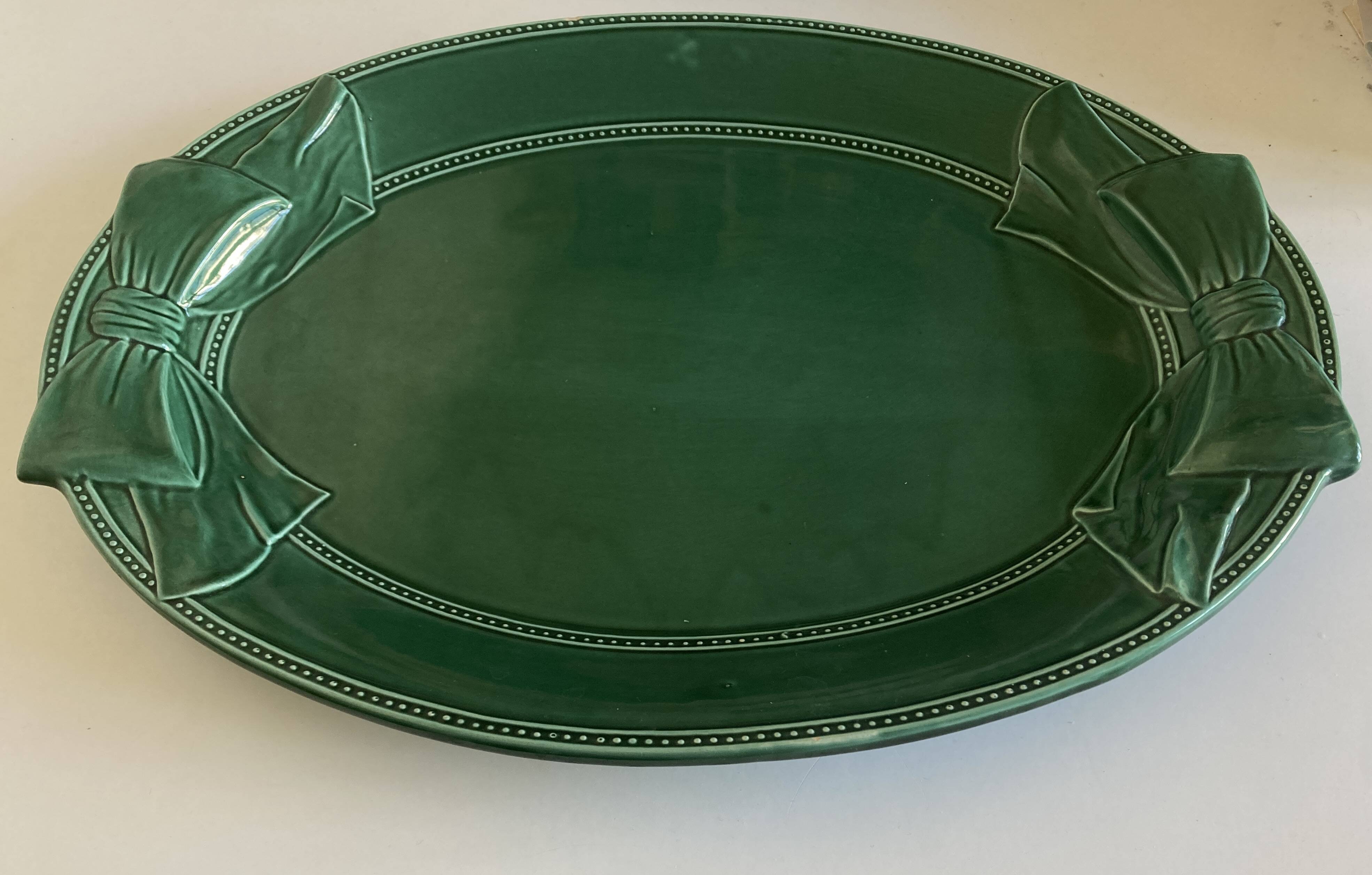 XXXL oval earthenware centerpiece dish with pearl decor, green covered, 1960s