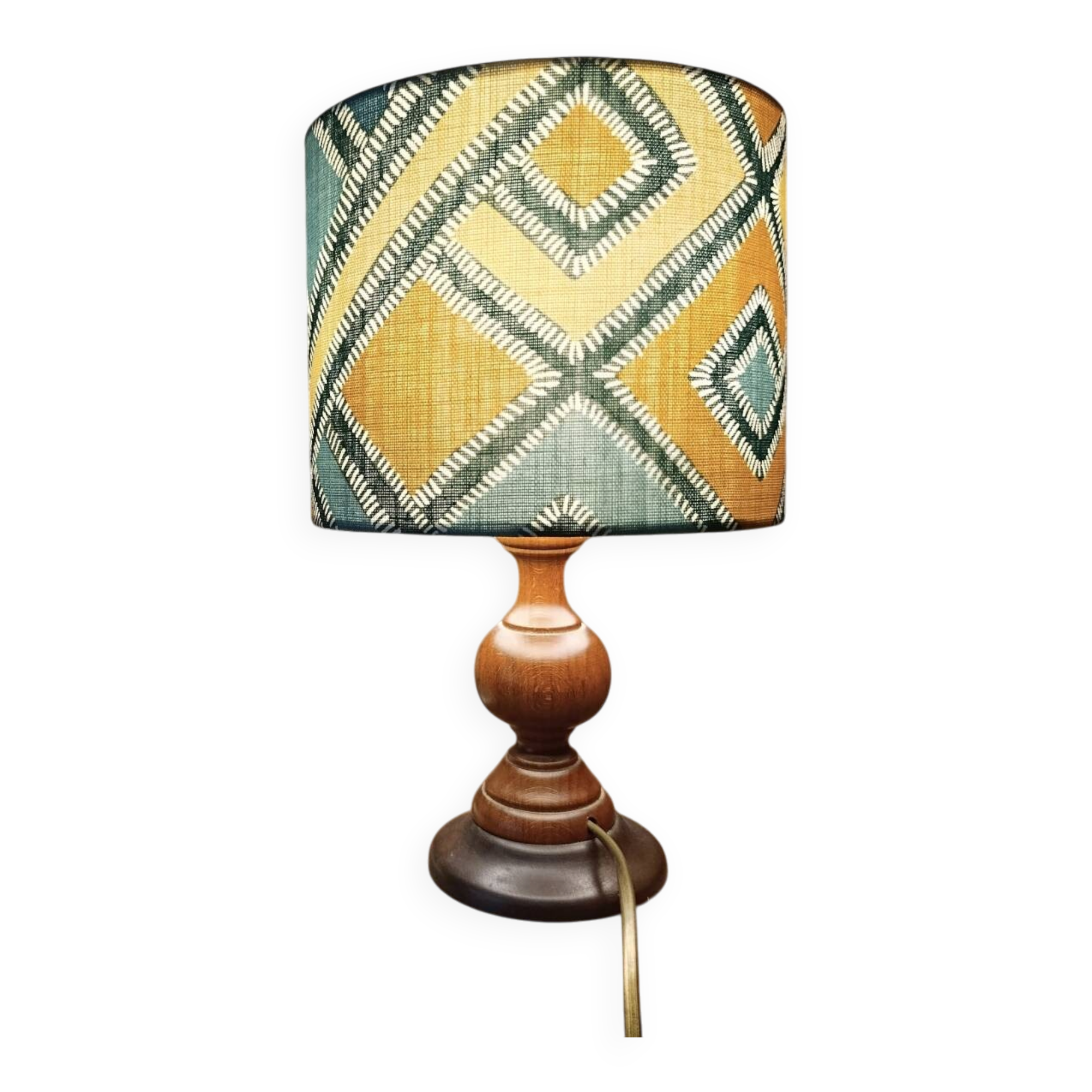 rustic chic turned wooden floor lamp, graphic linen lampshade
