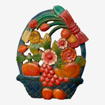 Panneau en bois sculpté décor fruits et fleurs