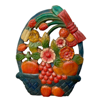 Panneau en bois sculpté décor fruits et fleurs