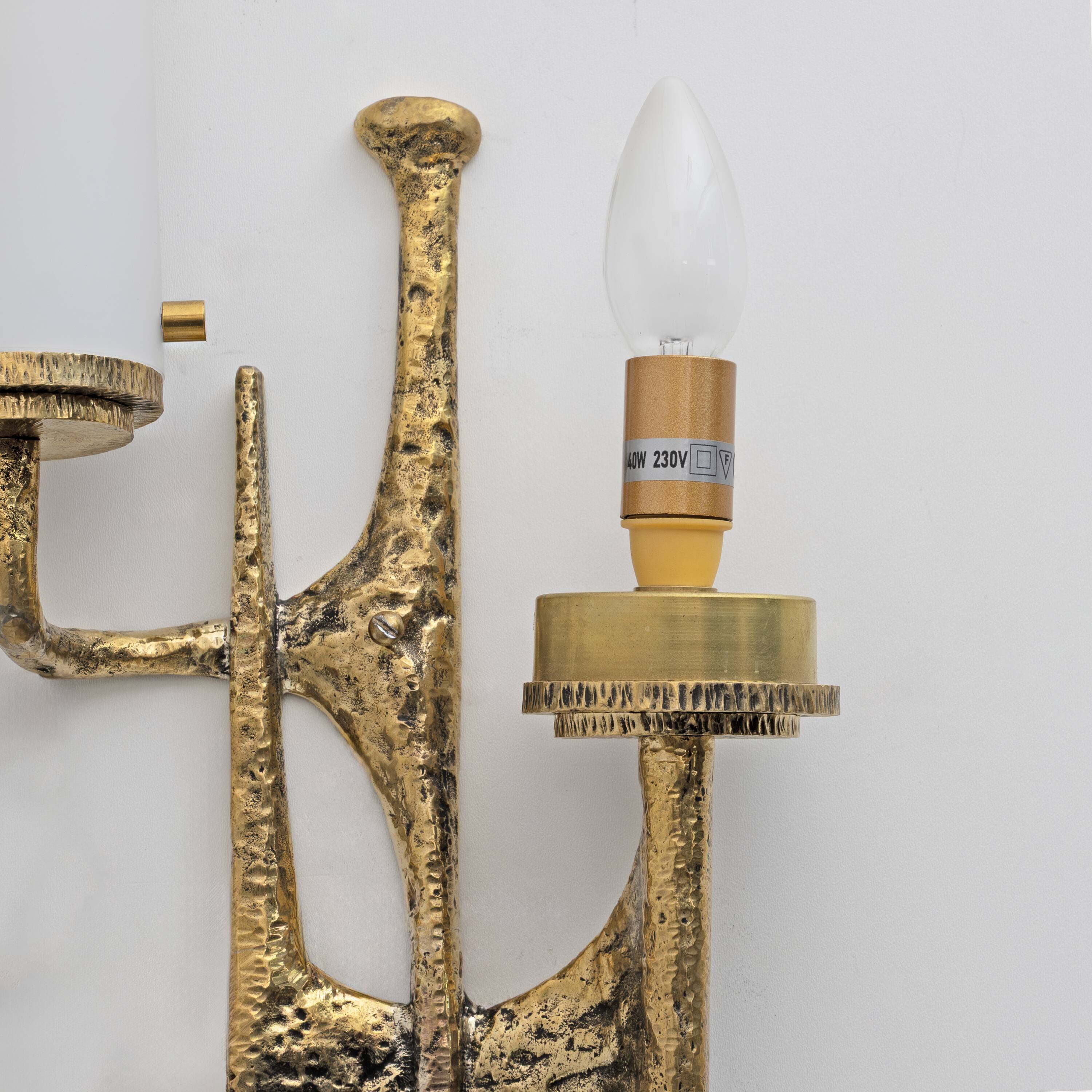 Pair of Brutalist Bronze Wall and Murano glass Sconces by Felix Agostini