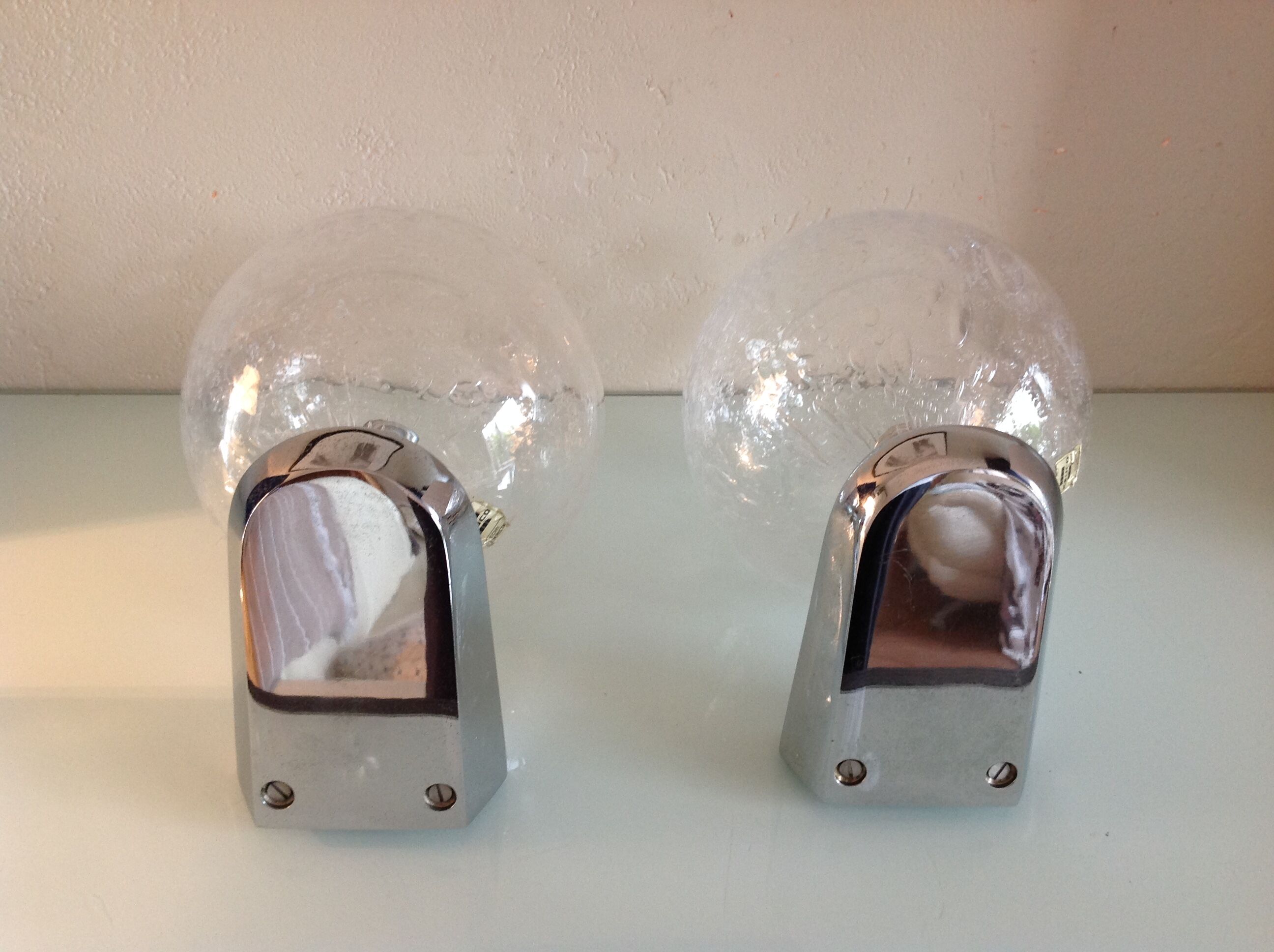 Pair of chrome sconces and crystal globe bubbled by Keuco / vintage 70s