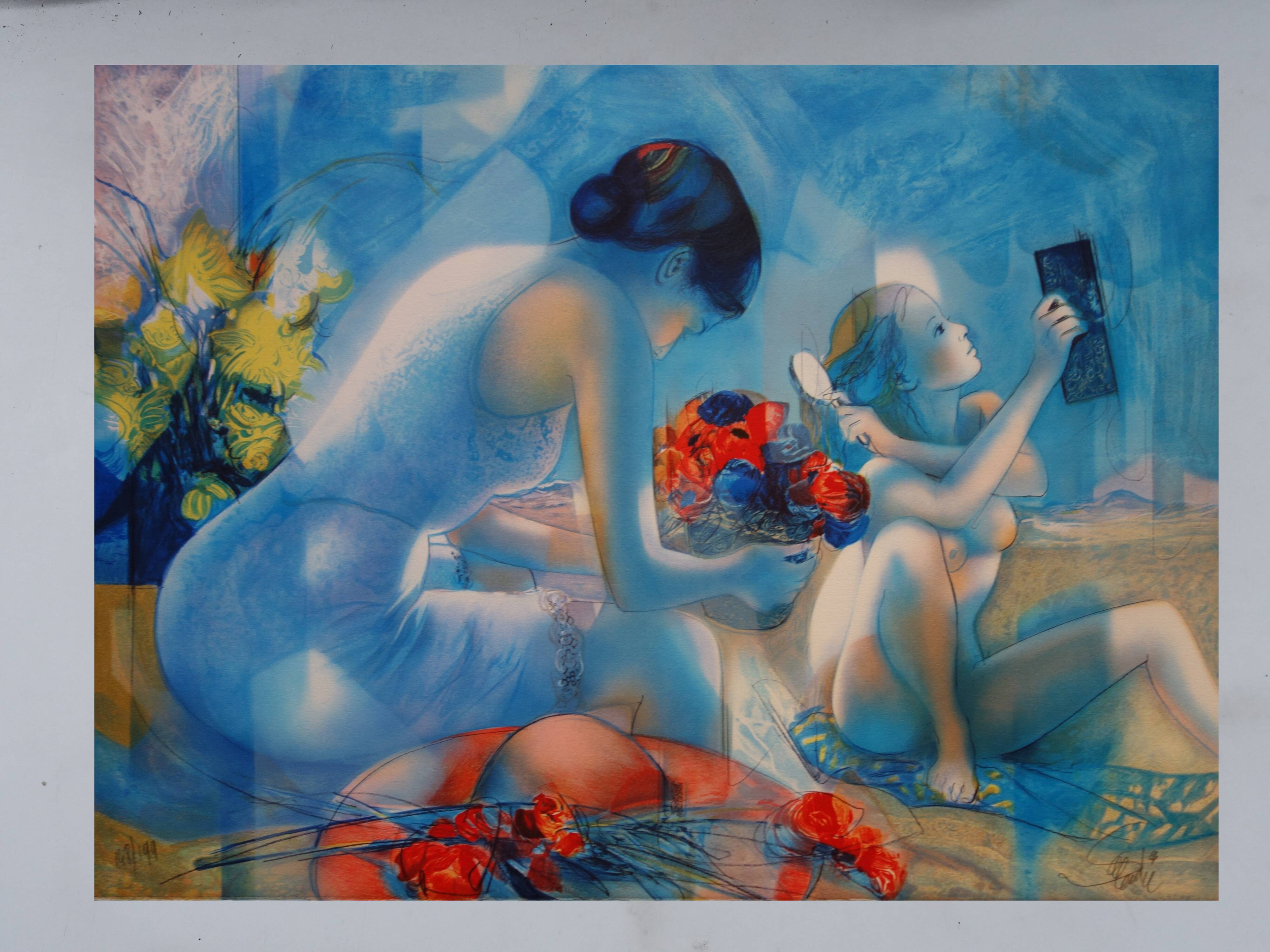 Jean-Baptiste Valadié: Blue Breeze, Mother and Daughter, original signed lithograph