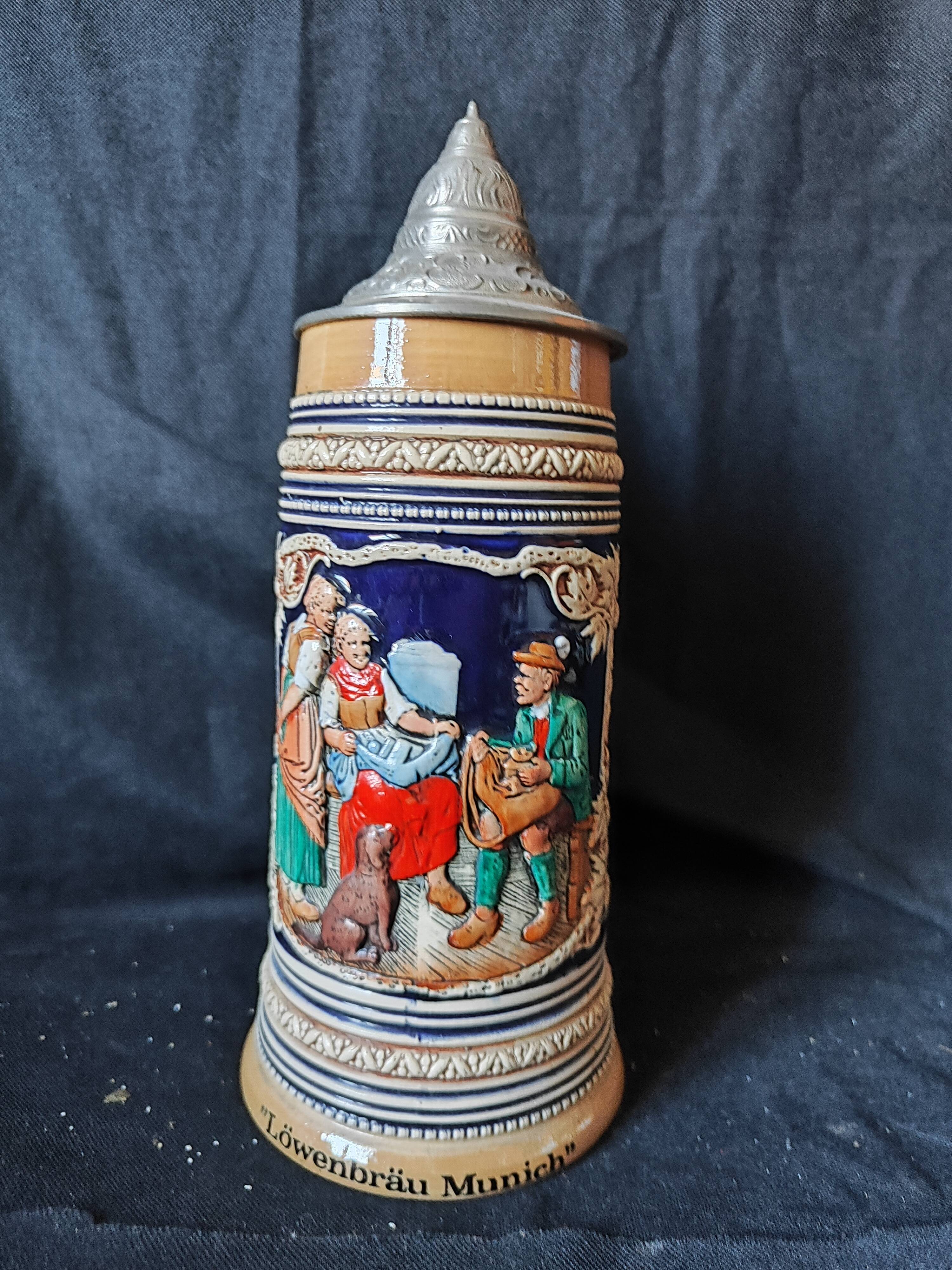 Beer mug 1 liter lowenbrau munich ceramic / numbered