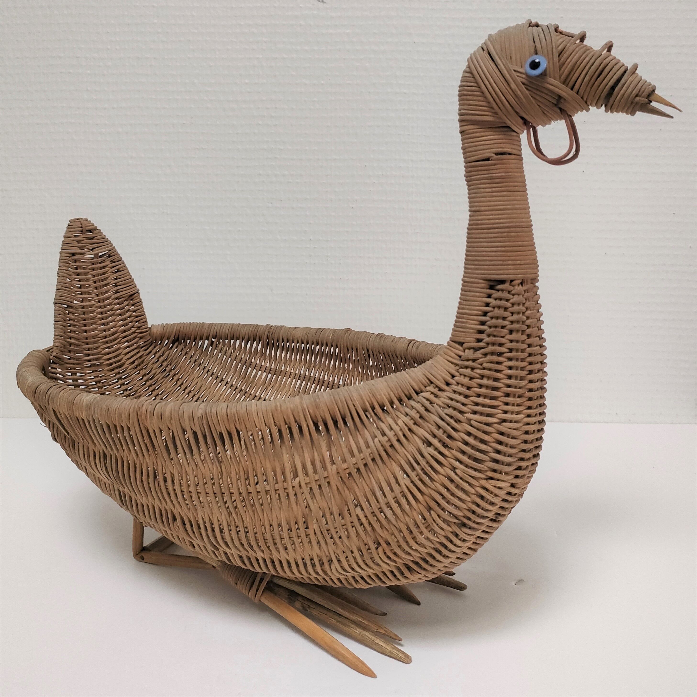 Zoomorphic basket bird, wicker braided vintage