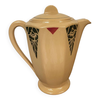 Art deco coffee pot in beige red and black color porcelain