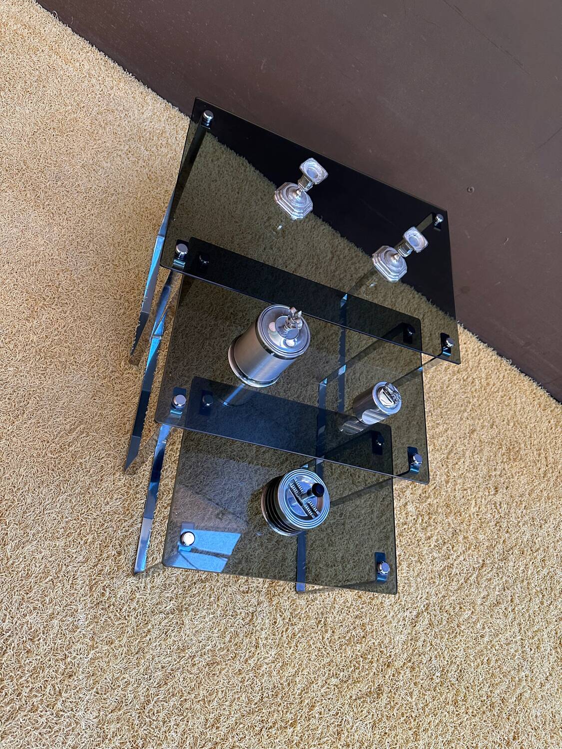 Set of 3 nesting tables in metal and smoked glass