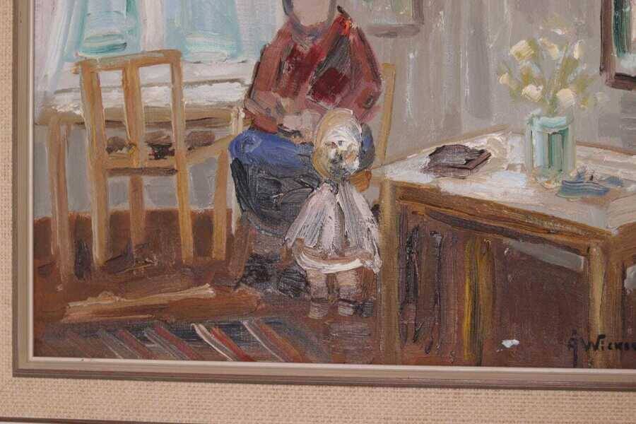 Original Swedish oil on canvas – “Figure in Interior” by Åke Wickström – vintage & framed – 57 × 66 cm
