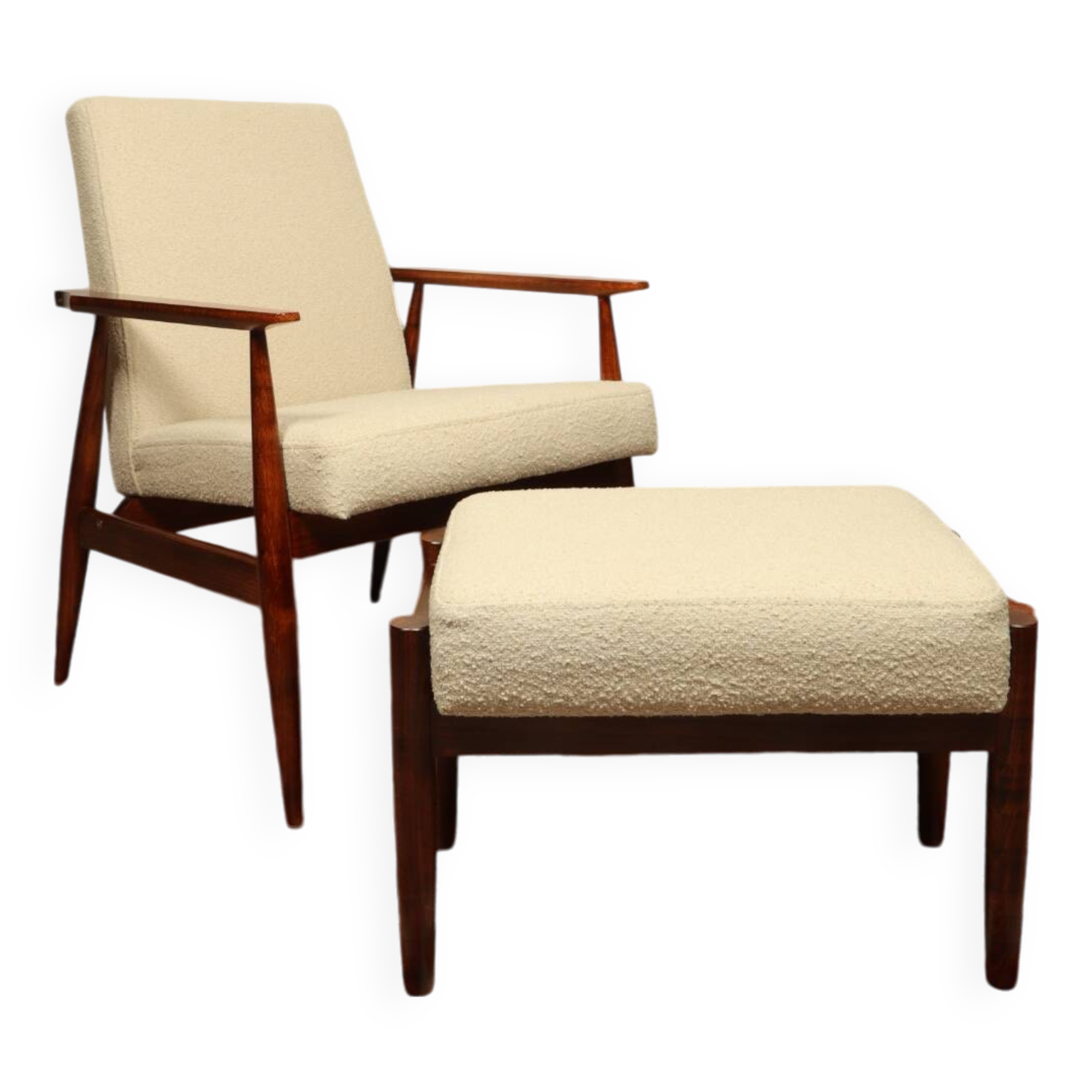 Scandinavian style set lounge chair and ottoman footrest in boucle fabric natural dark wood Mid Cent