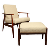 Scandinavian style set lounge chair and ottoman footrest in boucle fabric natural dark wood Mid Cent