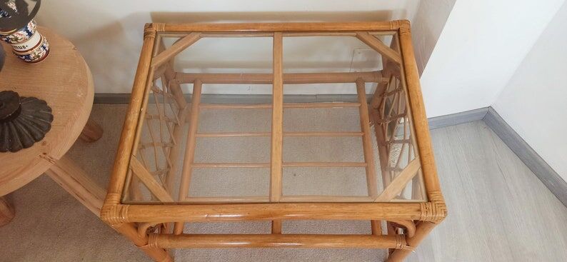 Rattan coffee table and vintage glass