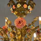 Venetian chandelier in multi-colored Murano glass with a green dominant color, 12 light arms, circa 1880