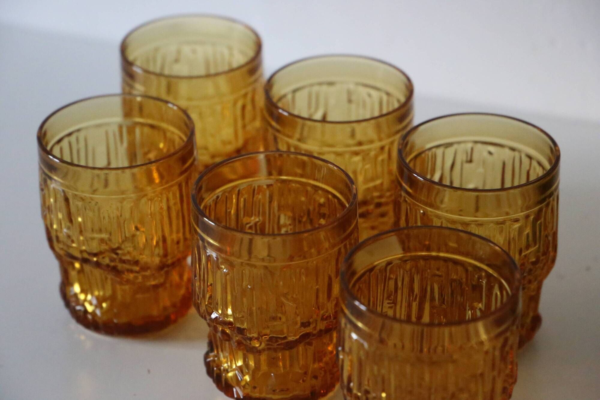 Set of 6 amber glasses, frosted effect, vintage French